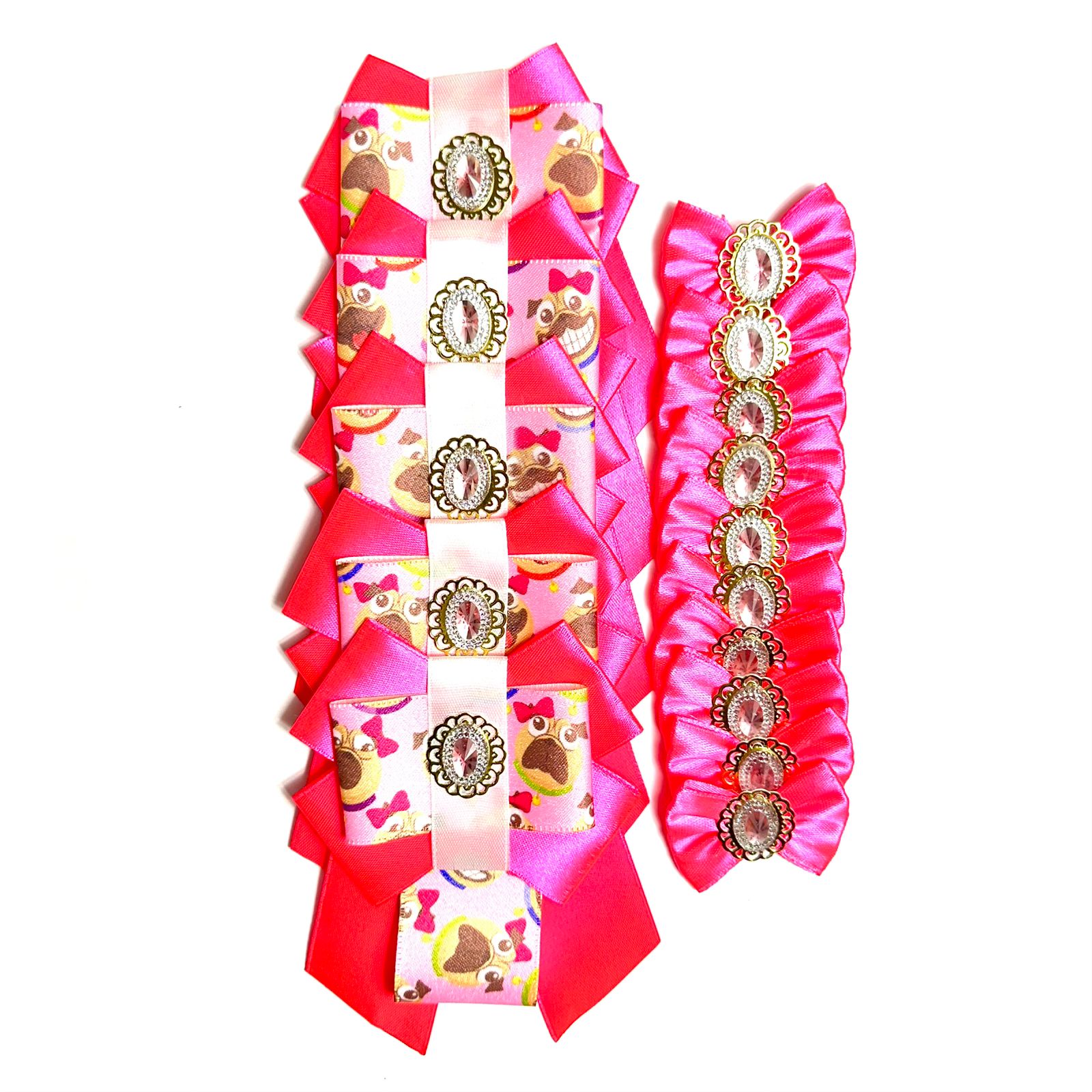 Conjunto Gargantilhas Pequenas e Laços Estampas Pug - 15 unidades
